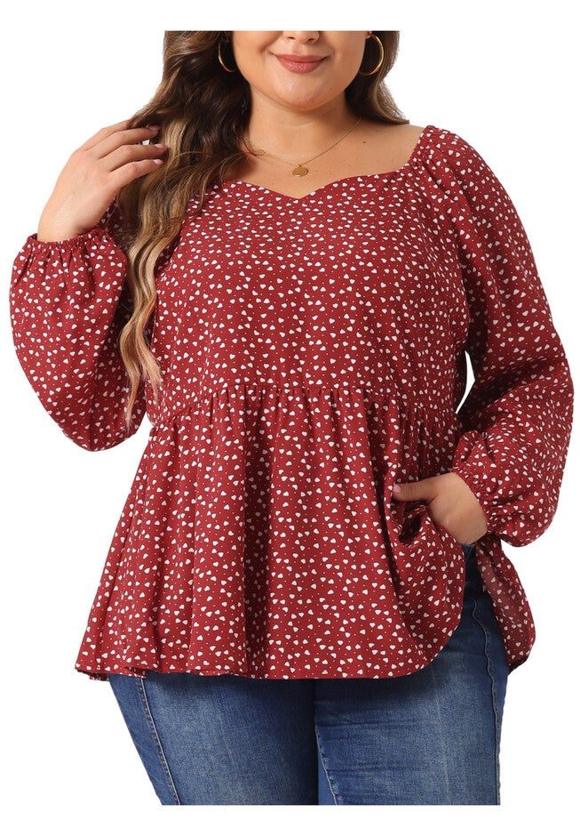 Sweetheart Neck Long Sleeve Printed Peplum Top Blouse, Burgundy / Burgundy, alternate image number 1