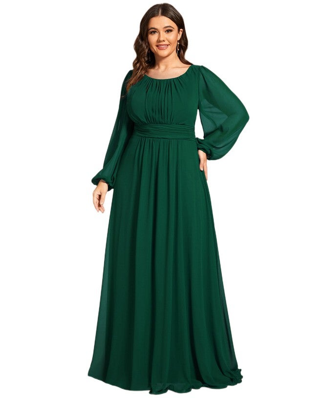 Chiffon High Empire Waist Puff Sleeve Mother Dress, Dark Green / Forest Green, alternate image number null