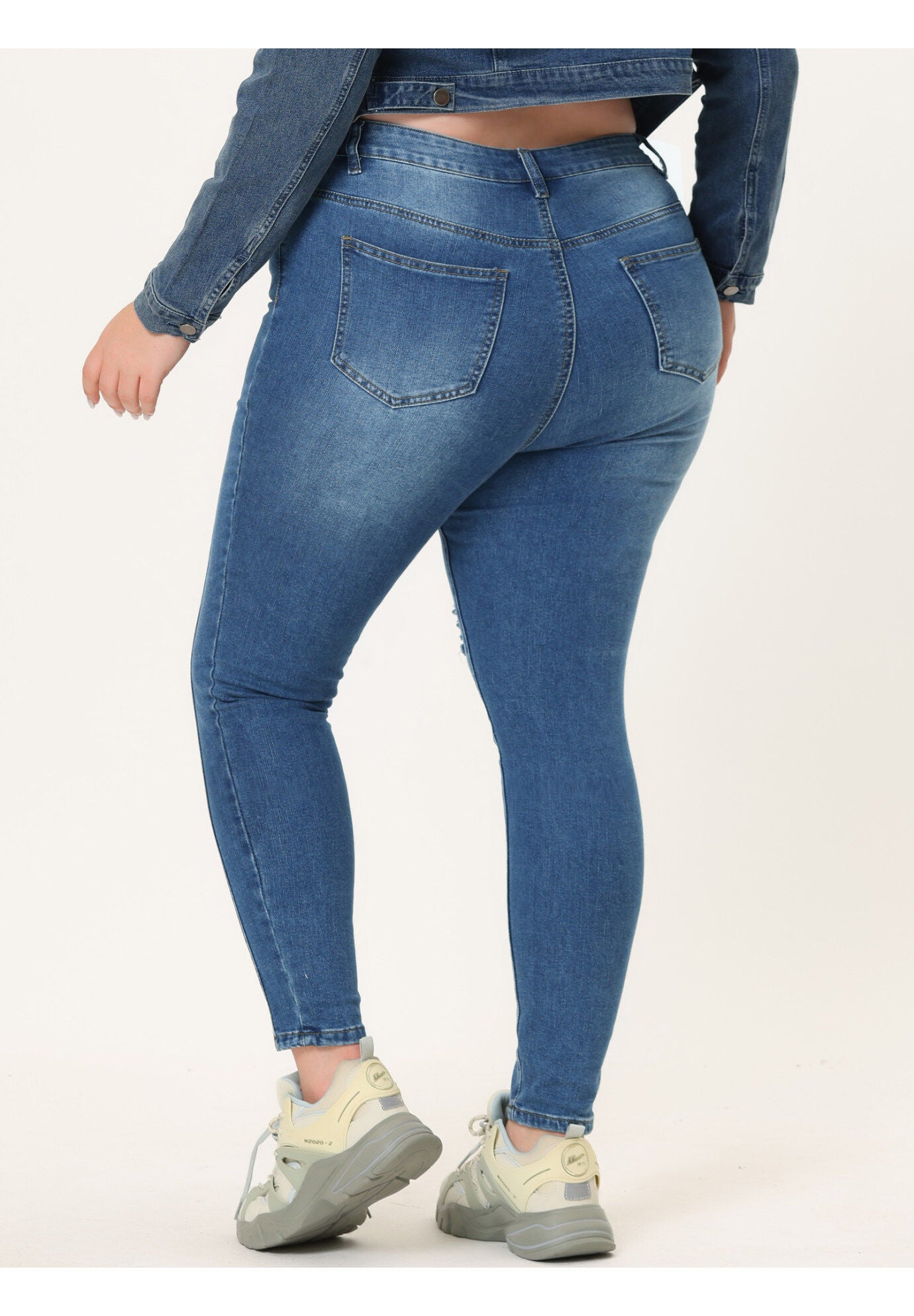 MID RISE STRETCH WASHED SKINNY JEANS DENIM JEGGINGS, BlueRipped / Dusty Blue, alternate image number 3