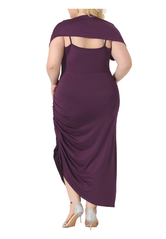 Spaghetti Strap Cowl Neck Ruched Cami Bodycon Dress with Shawl, Purple / Purple, alternate image number 3