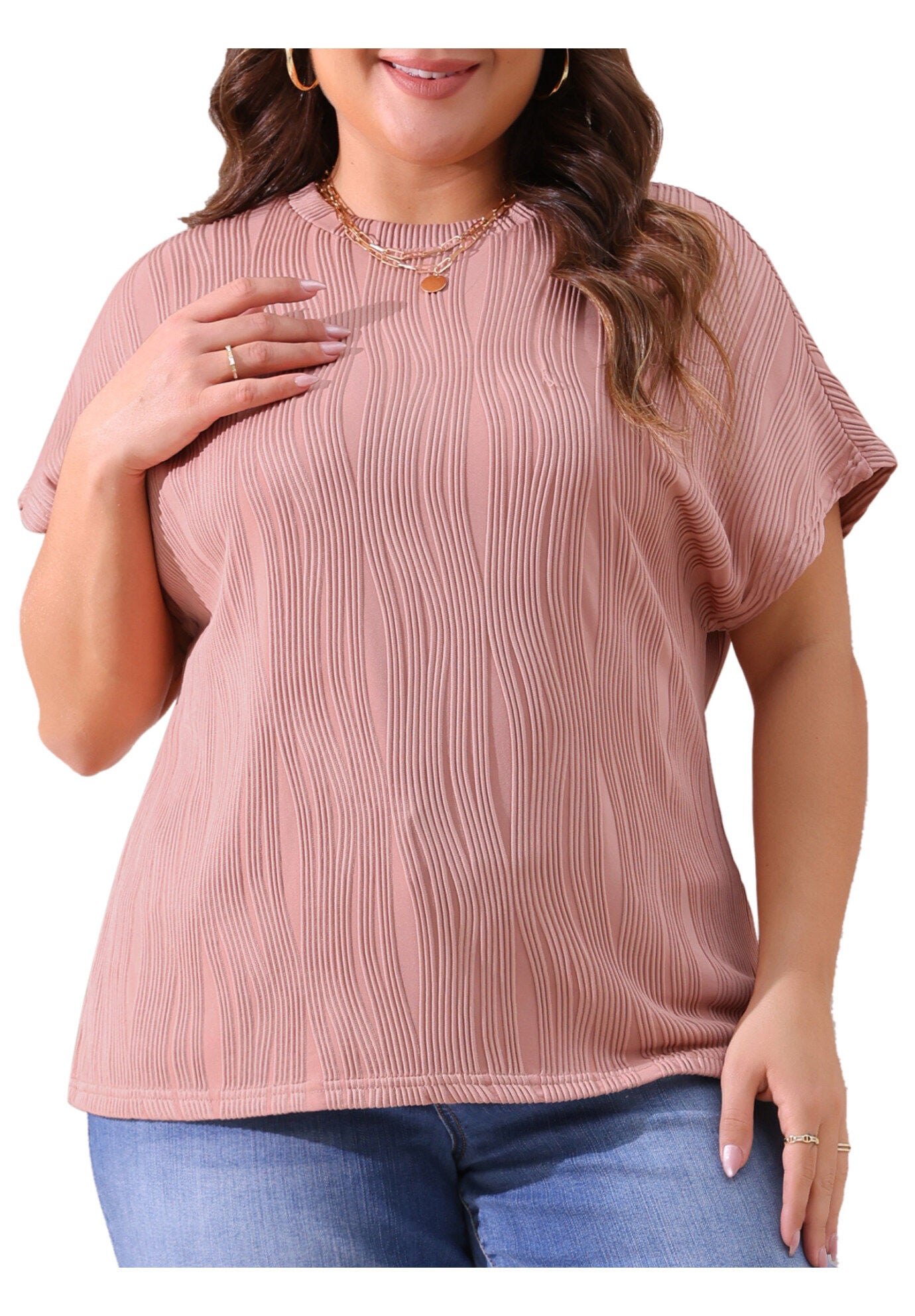 Short Sleeve Textured Top Crewneck T-Shirt, Pink / Pink, alternate image number 1