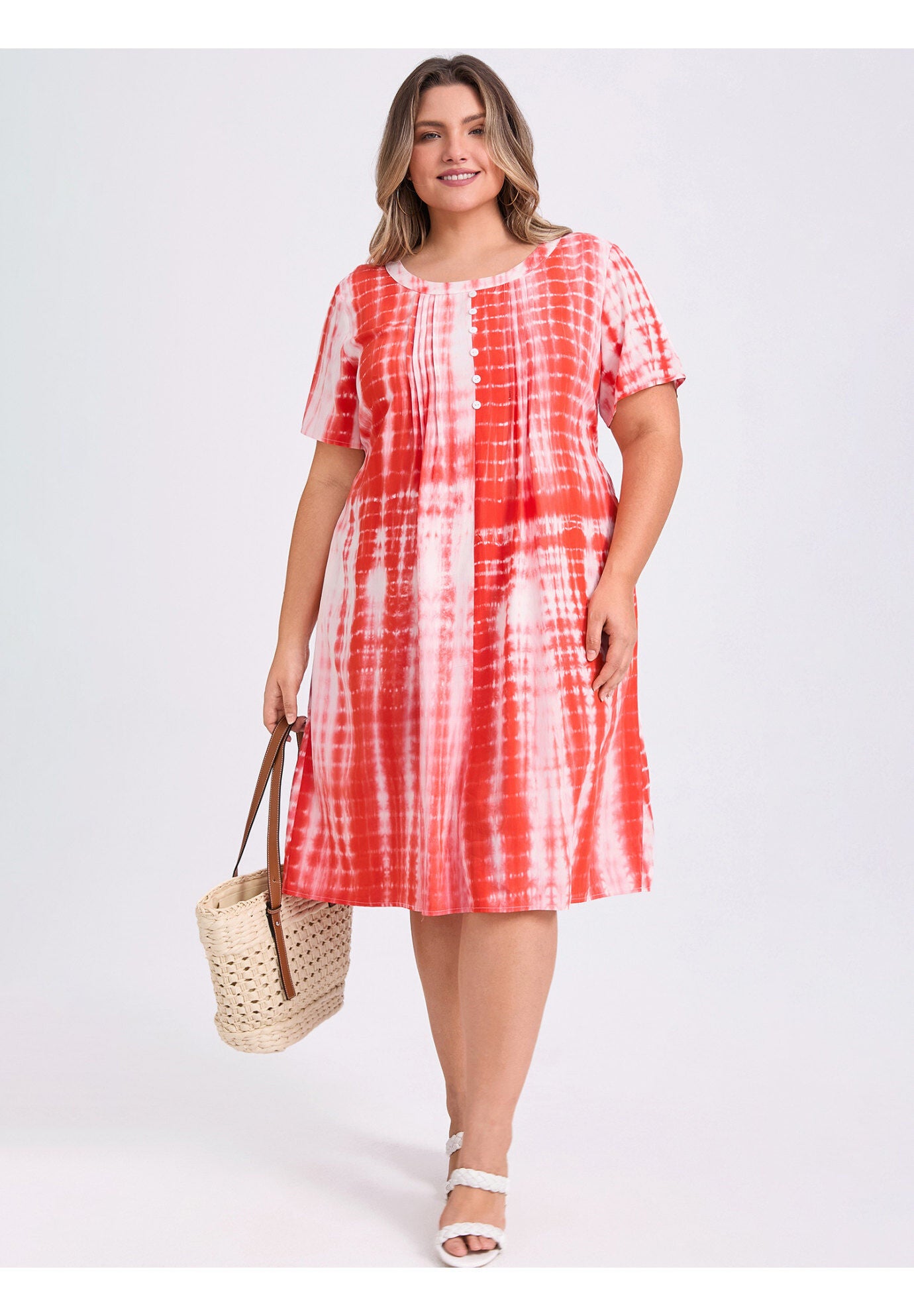 Toothpick Pleated Tie Dye Button Decor Round Neck Short Sleeve A-Line Dresses with Pockets, Orange / Orange, alternate image number 1