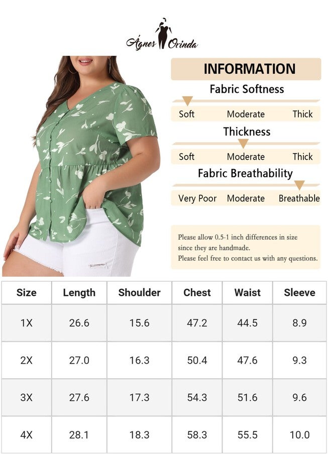 Chiffon Shirt V Neck Ruffle Short Sleeve Floral Peplum Top, Green / Sage Green, alternate image number 1