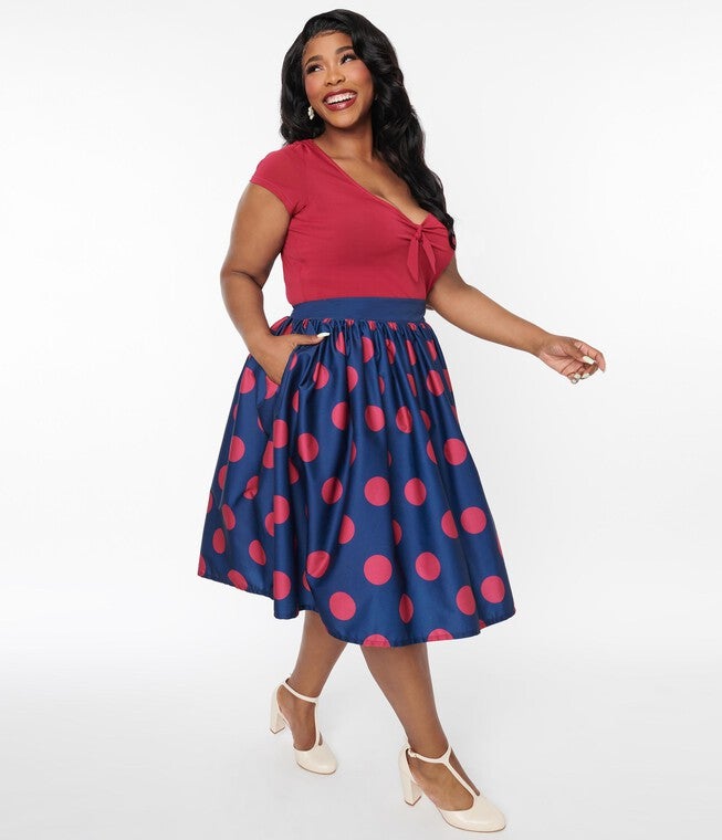 Unique Vintage Navy & Berry Polka Dot Gellar Swing Skirt, Navy Burgundy Polka Dot / Navy, hi-res image number 0