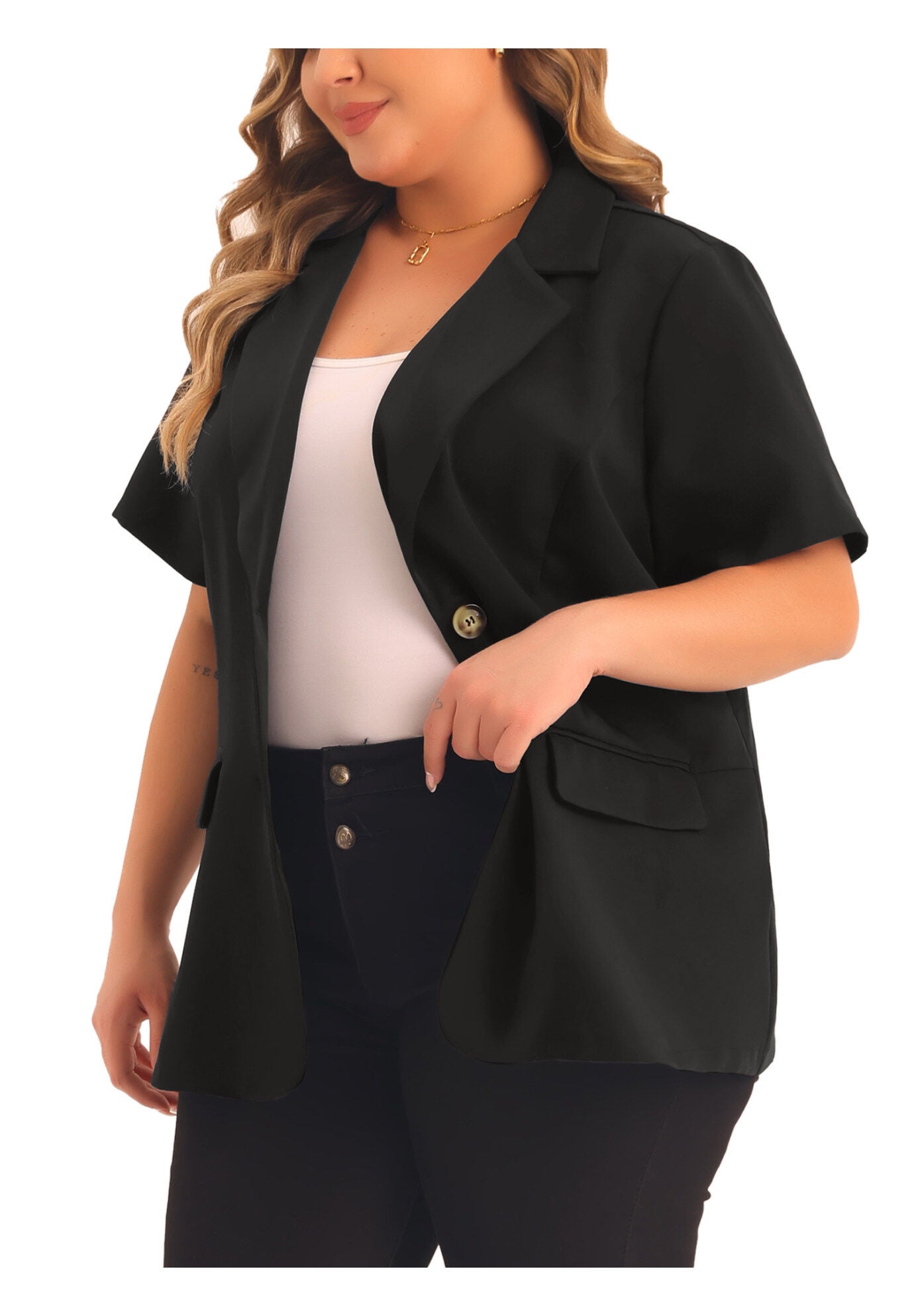 SHORT SLEEVE NOTCHED LAPEL BUTTON WORK BLAZER, Black / Black, alternate image number 1