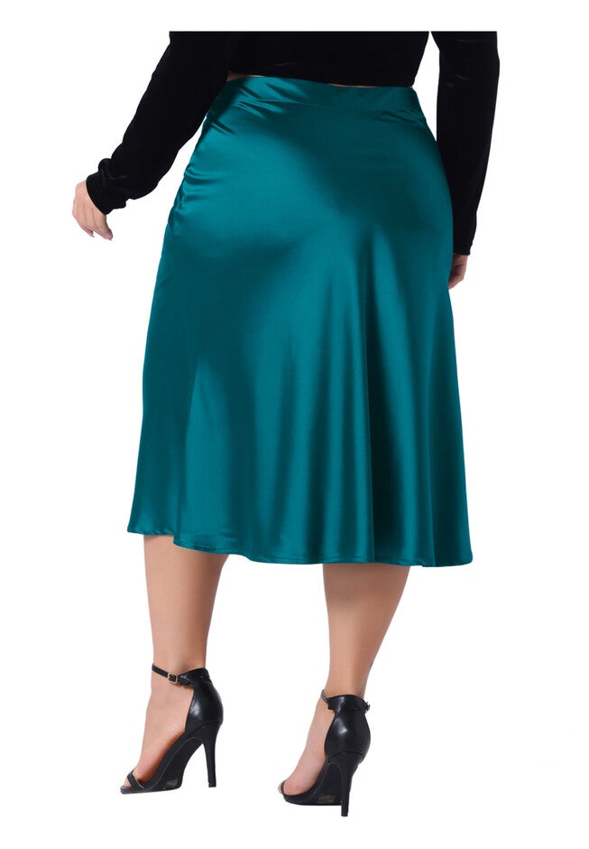 Silky Satin High Waist Hidden Elasticized Waistband Midi Skirt, Peacock Blue / Teal, alternate image number 3
