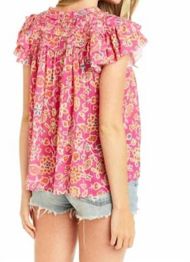 LIZA RUFFLE TRIM BLOUSE IN ALESSANDRA PINK PRINT, Alessandra Pink Print / Pink, alternate image number null