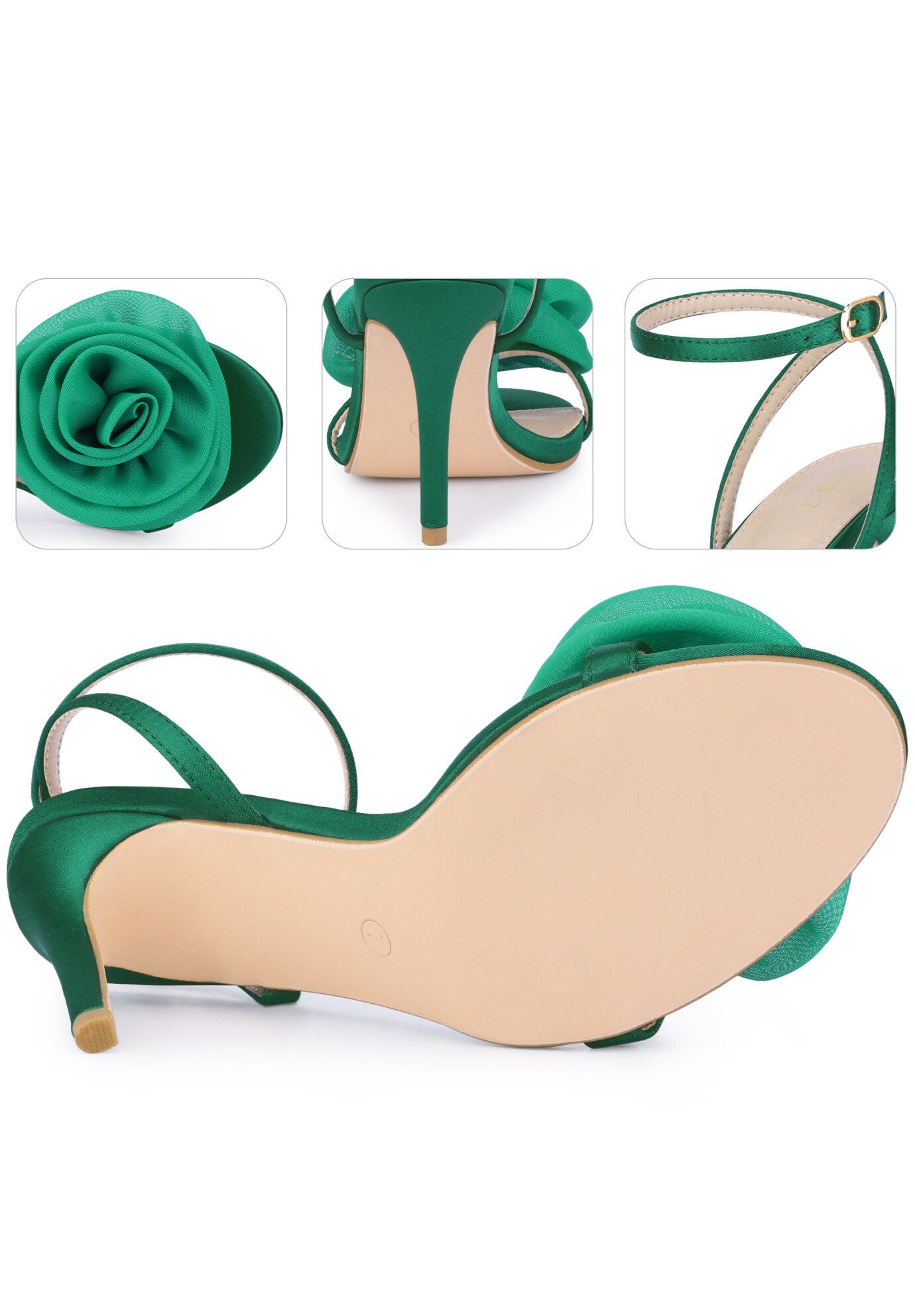 Flower Stiletto High Heels Sandals, Dark Green / Forest Green, alternate image number 2
