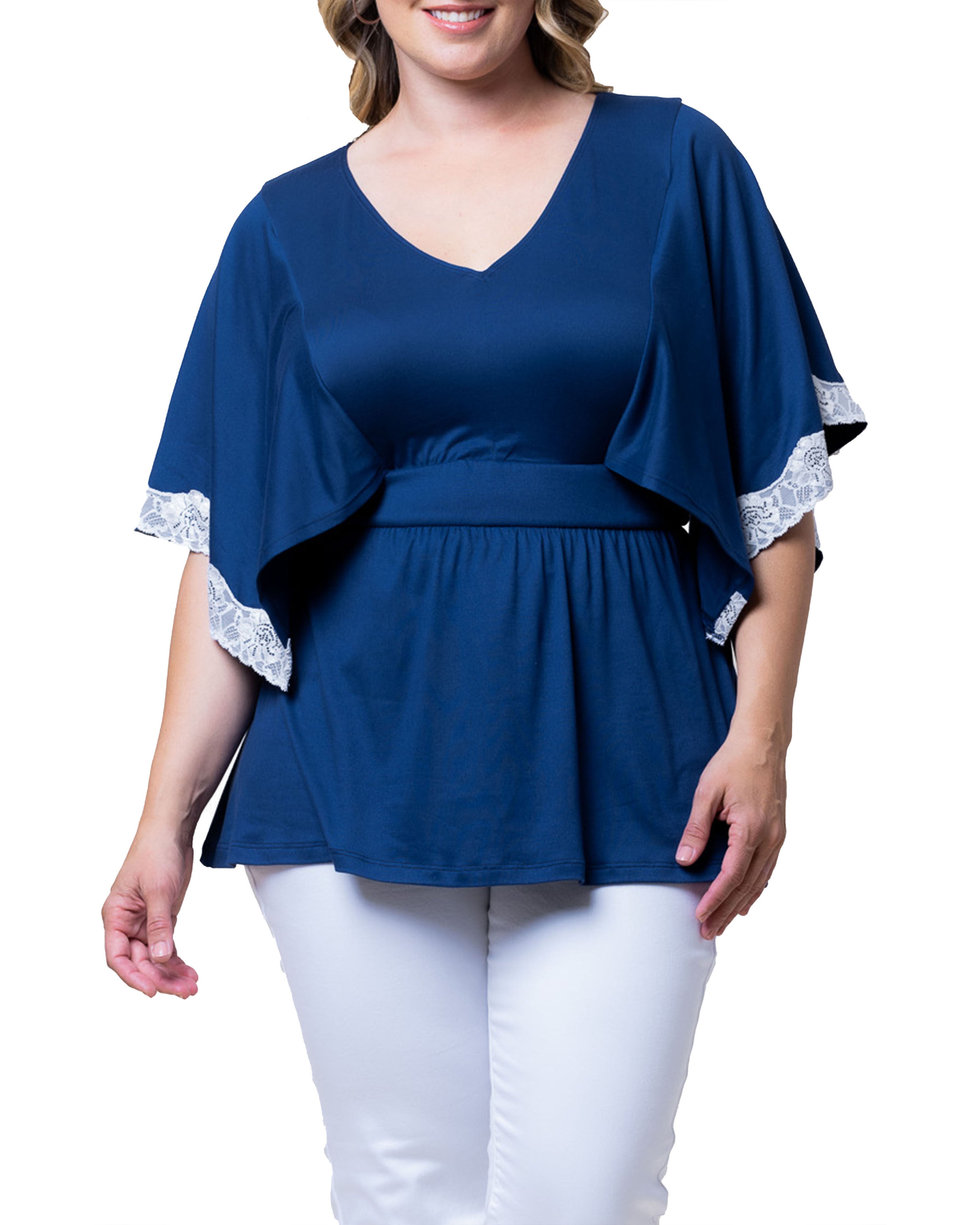 Sarah Lace Trim V-Neck Top, MARINE NAVY / Navy, hi-res image number 0