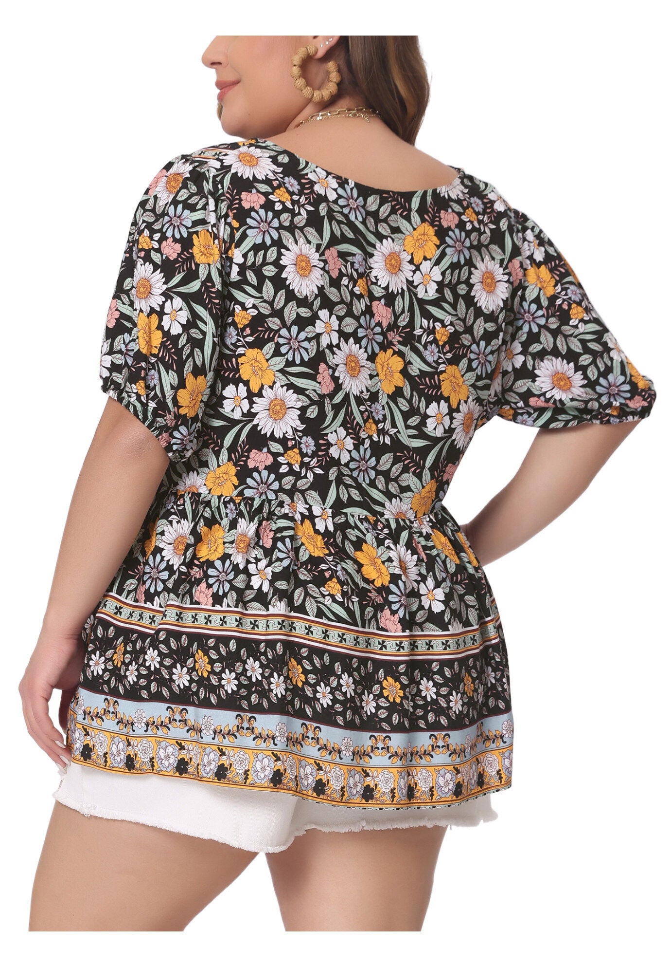 Boho Floral Print V Neck Peplum Loose Blouse, Black / Black, alternate image number 3