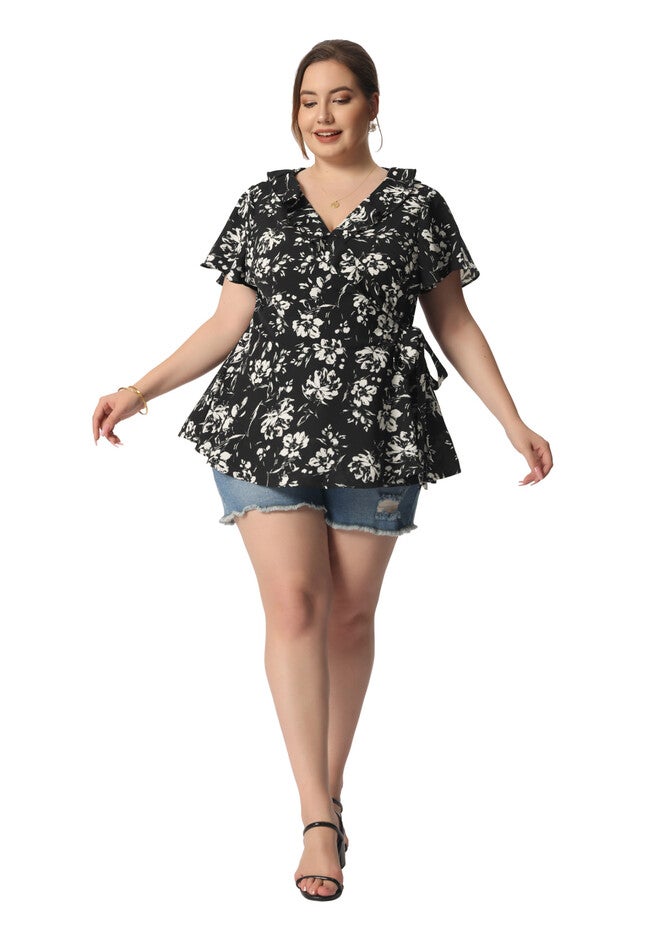Wrap V Neck Tie Waist Ruffle Sleeve Blouse Summer Floral Top, Black / Black, hi-res image number 0