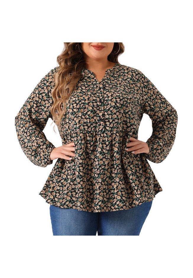 Elegant V Neck Floral Tops Chiffon Blouse, Black Beige / Beige, alternate image number null