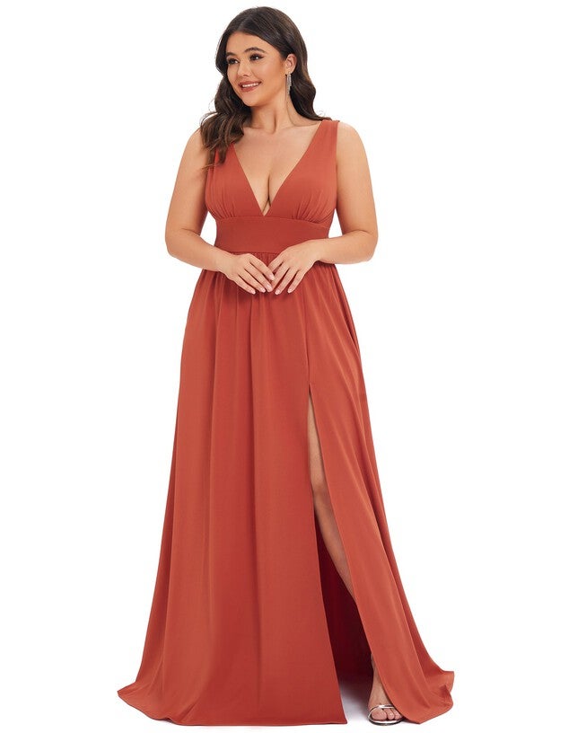 Sleeveless V-Neck Empire Waist High Slit Floor-Length Evening Dress, Burnt Orange / Burnt Orange, alternate image number 4