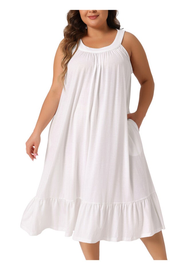Tank Sleeveless Wide Strap Chemise Pleated Nightdress with Pockets, White / White, alternate image number 2
