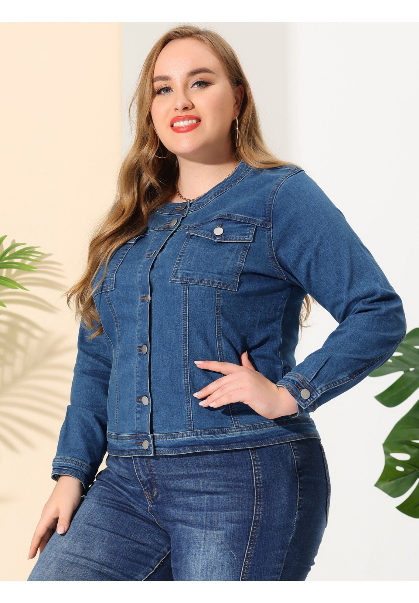 COLLARLESS DENIM JACKET, Light Blue / Light Blue, alternate image number 3