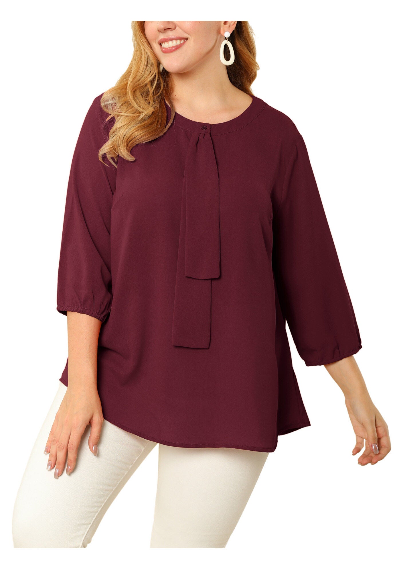 3/4 Sleeve Work Office Tie Front Ruffle Chiffon Blouse Top, Wine Red / Burgundy, alternate image number 2