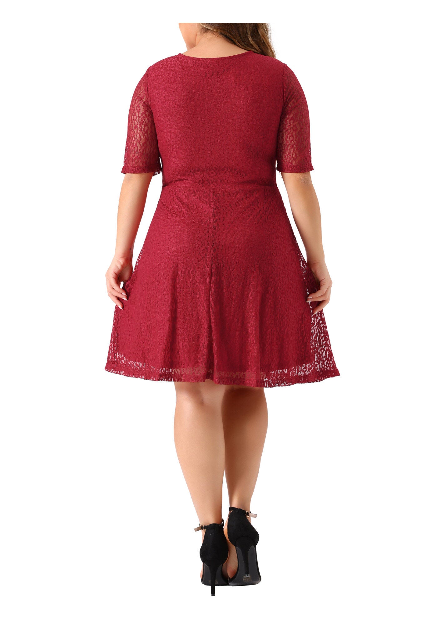 Lace Swing A-Line Cocktail Midi Dress, Red / Red, alternate image number 2