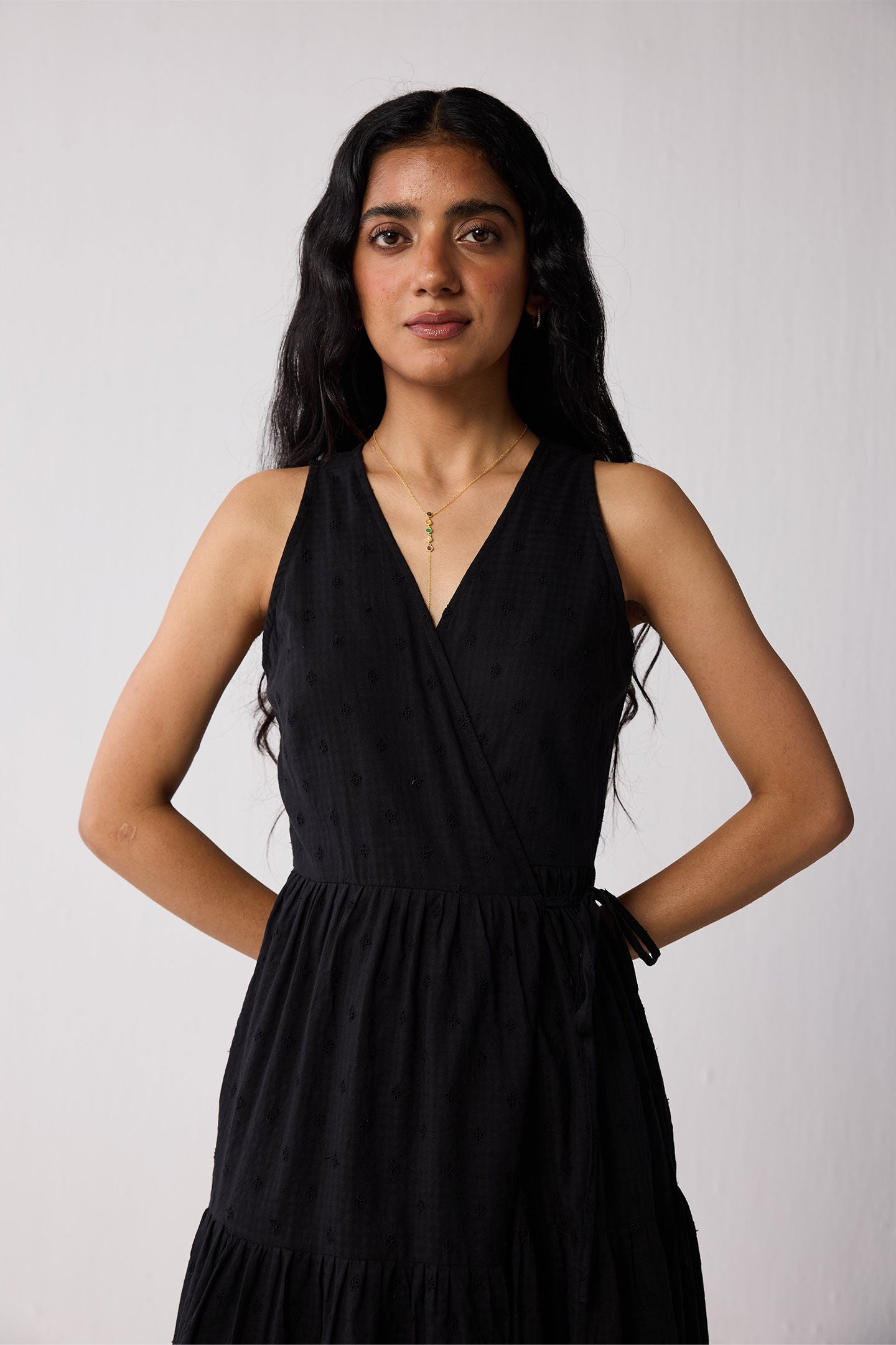 Sleeveless Embroidered Wrap Dress with Tiers in Black, Black / Black, alternate image number 5