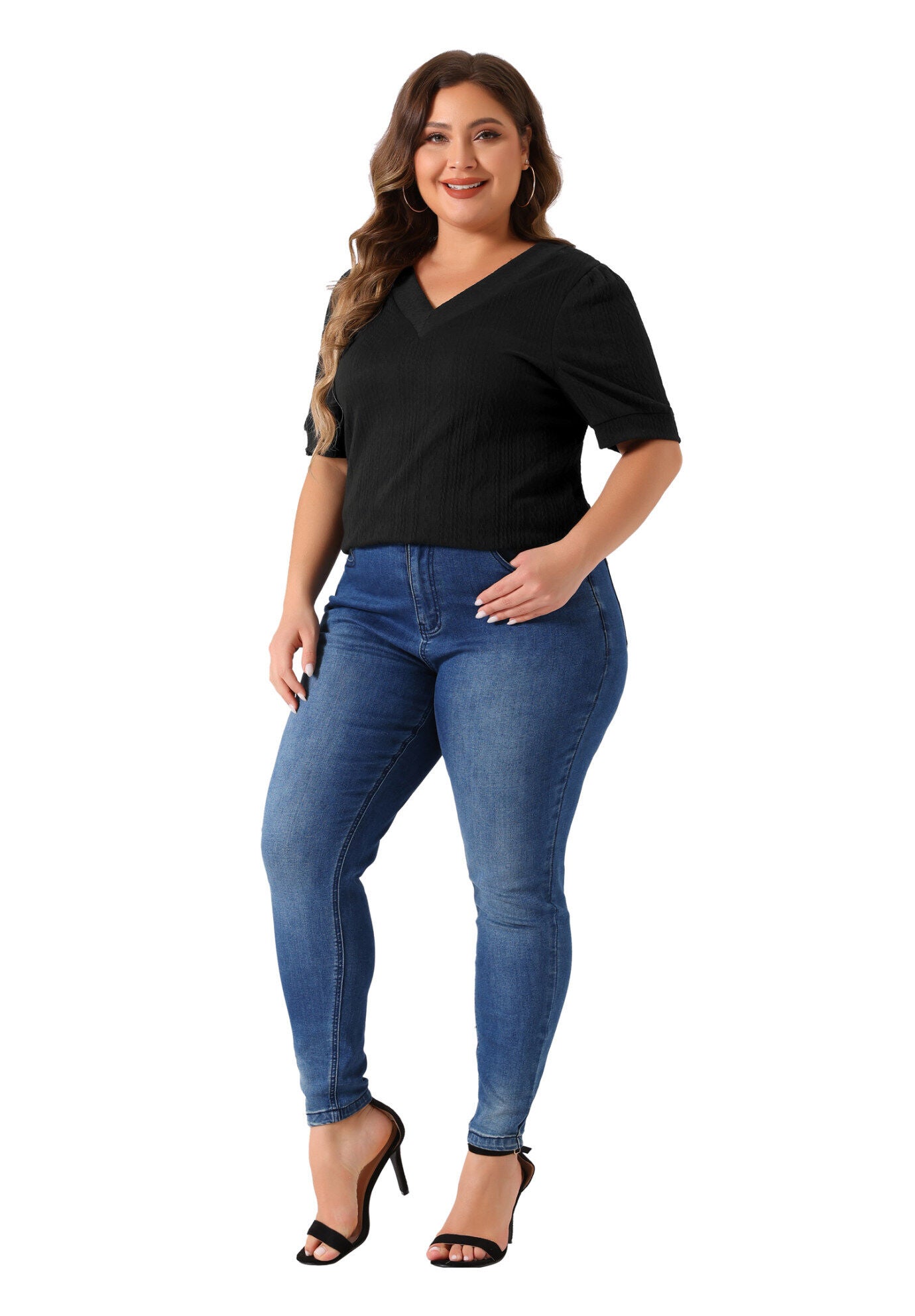 DEEP V NECK SHORT SLEEVE T-SHIRT CASUAL TOP, Black / Black, hi-res image number 0