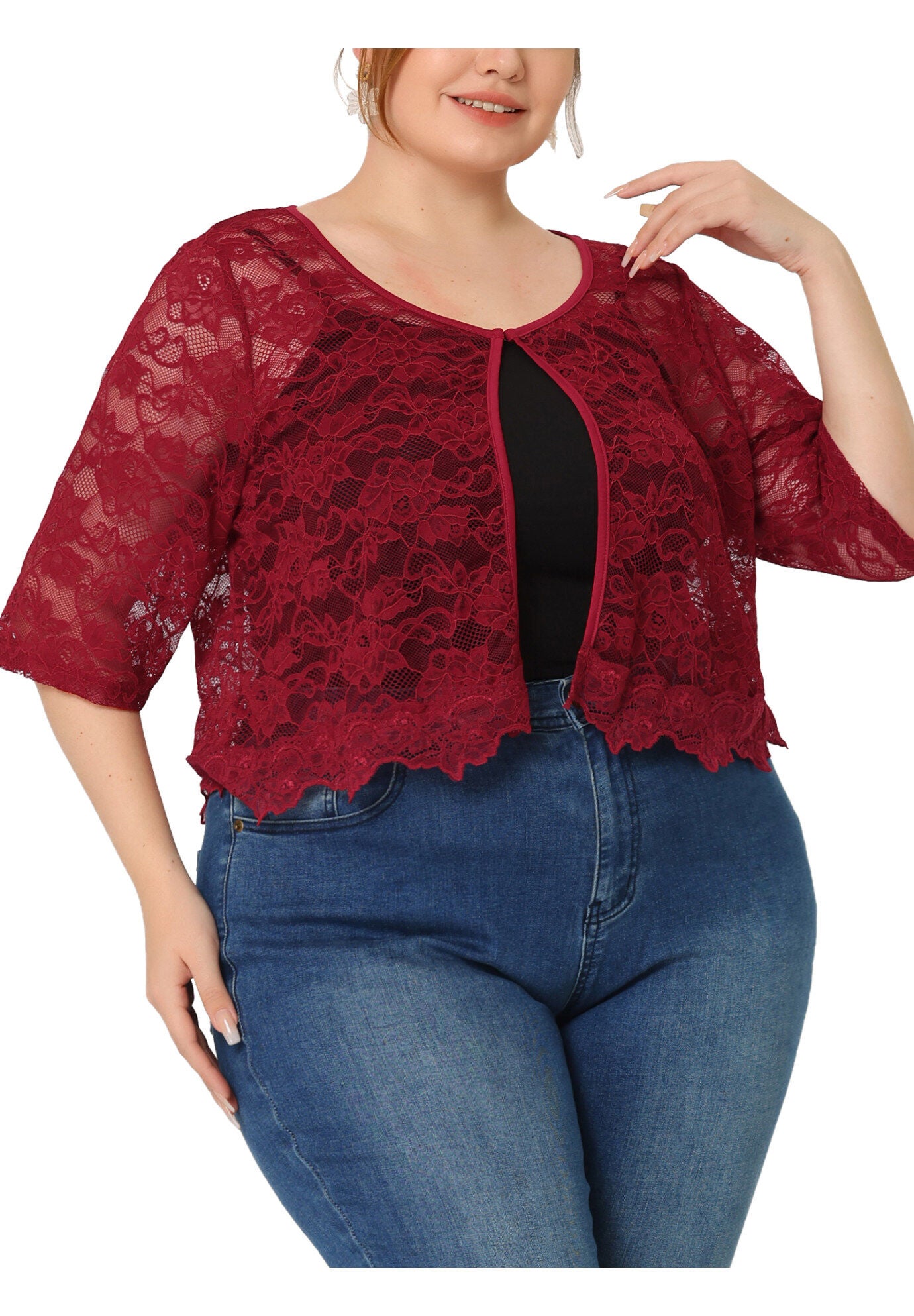 1/2 SLEEVE SHEER LACE BOLERO SHRUG, Burgundy / Red, alternate image number 2