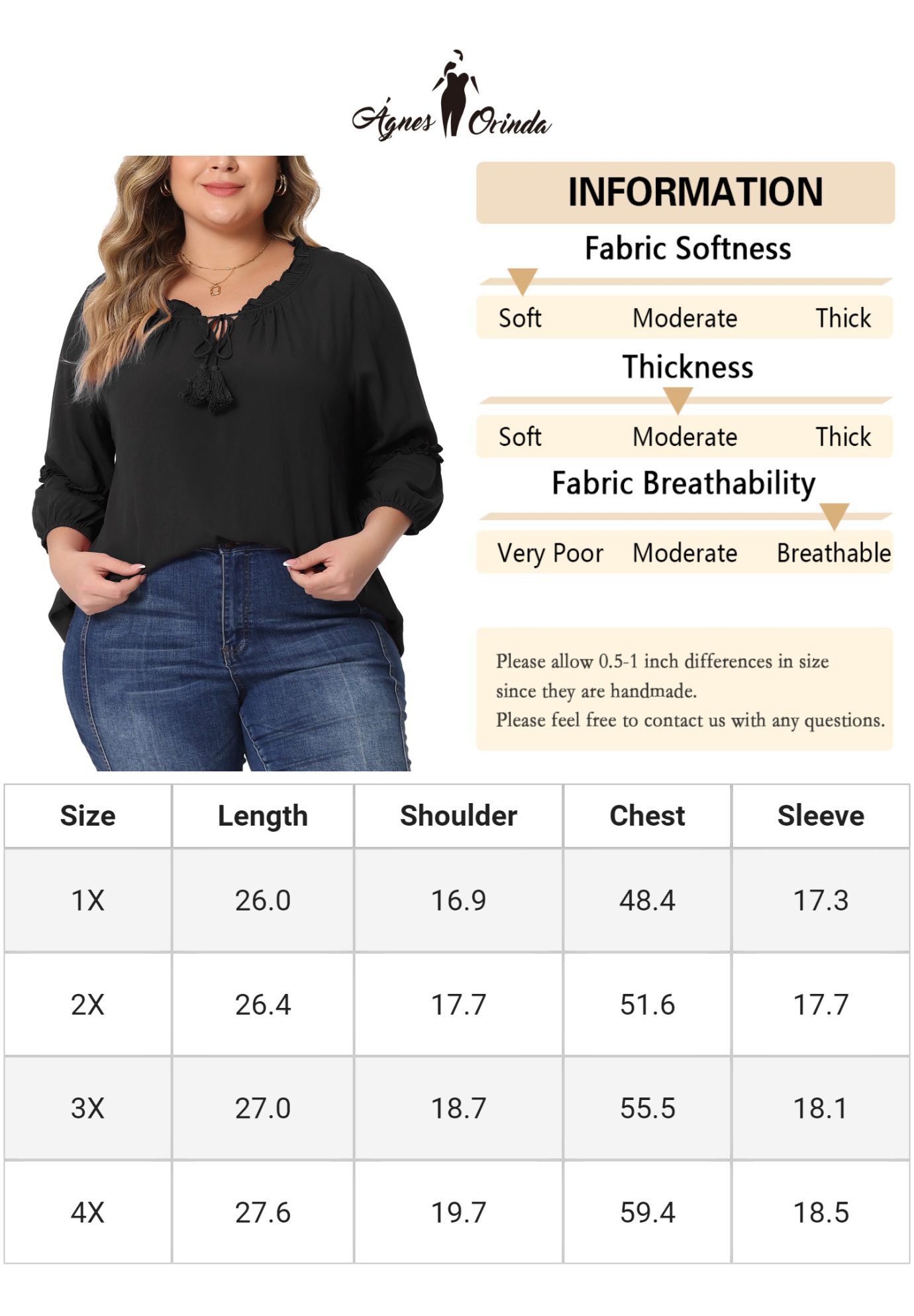 TIE NECK TASSEL SELF FLUTTER 3/4 SLEEVE BLOUSE TOP, Black / Black, alternate image number 4