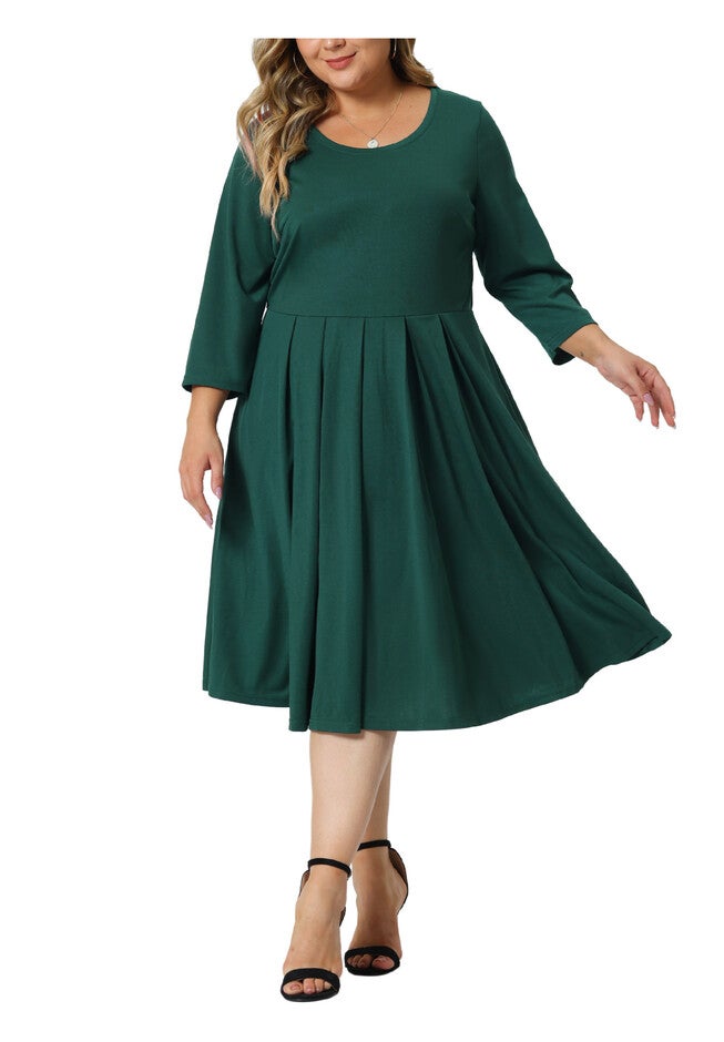 3/4 Sleeve with Pockets A Line Flowy Flare Midi Dress, Dark Green / Forest Green, alternate image number 2