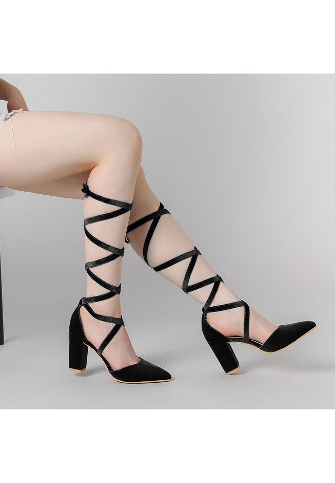 Velvet Lace Up Chunky Heels Pointed Toe Pumps, Black / Black, alternate image number 2