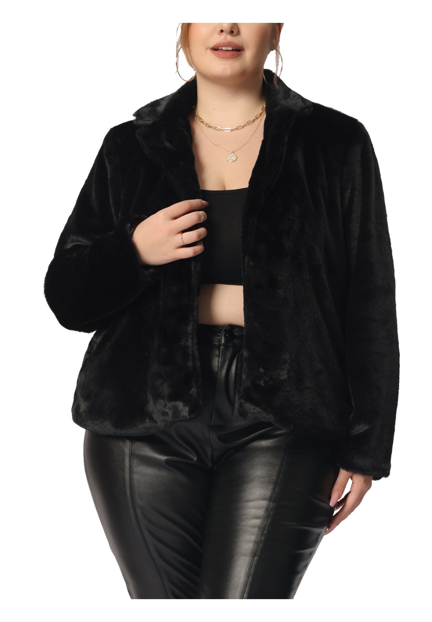 FAUX FUR POCKET FLUFFY SHAGGY COAT JACKET, Black / Black, alternate image number 2