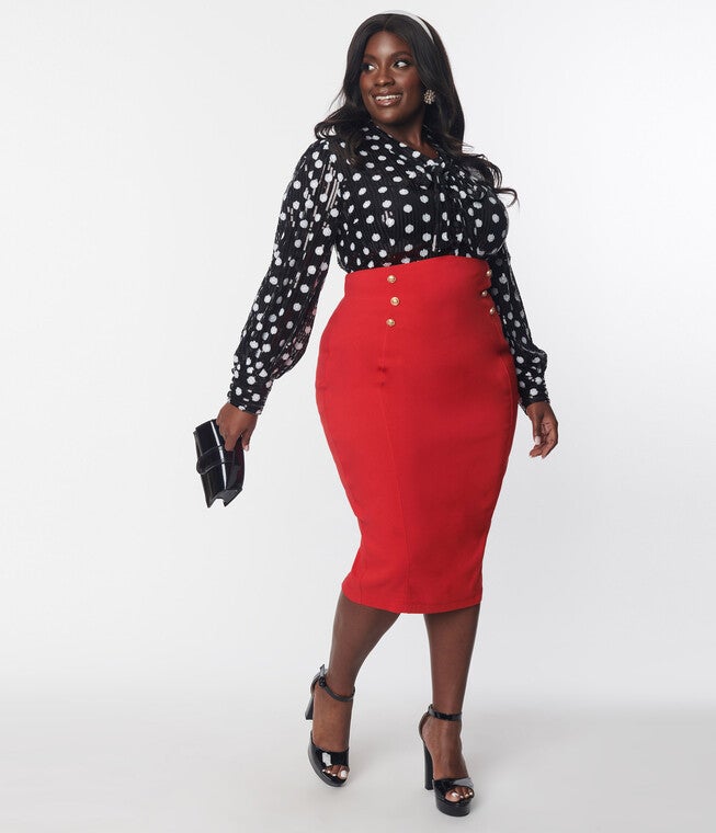 Unique Vintage 1950s Red Sailor High Waist Sierra Pencil Skirt, Red / Red, hi-res image number 0