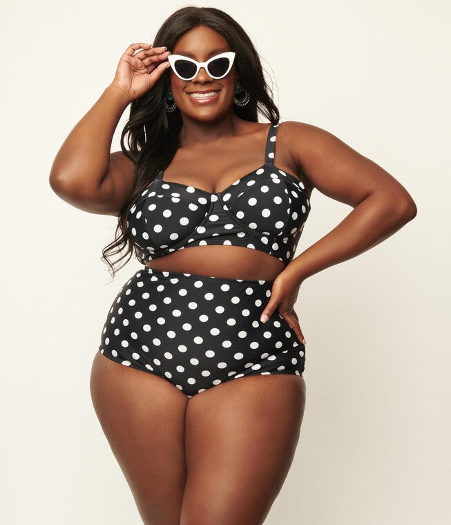 Unique Vintage Black & White Polka Dot High Waist Louise Swim Bottoms, Polka Dot Black / Black, alternate image number null