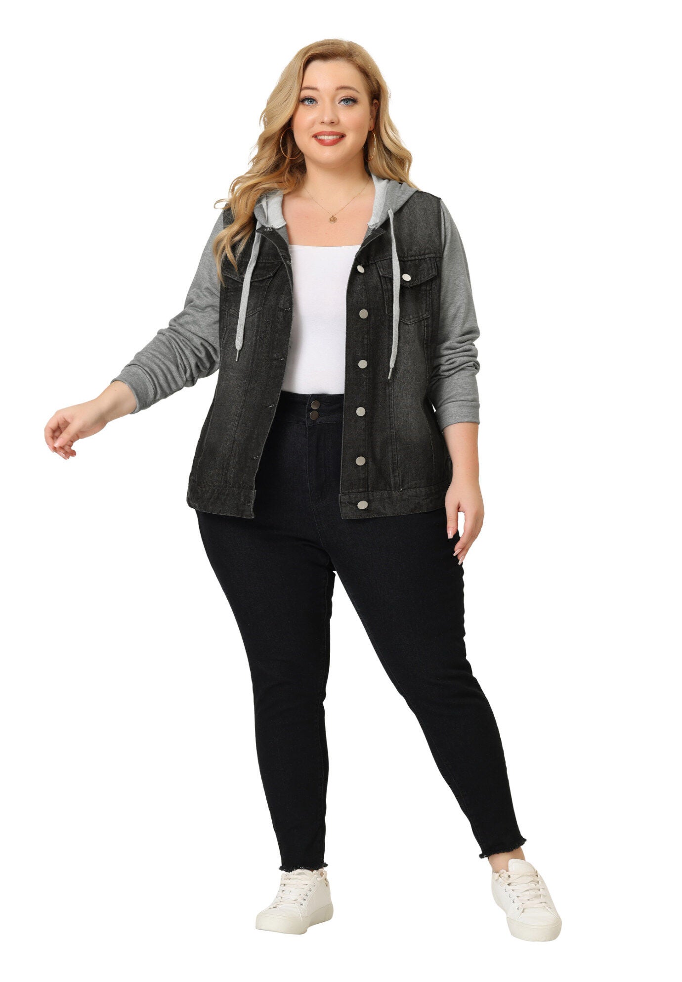 LAYERED DRAWSTRING HOODIE DENIM JEAN JACKET, Black / Black, hi-res image number 0