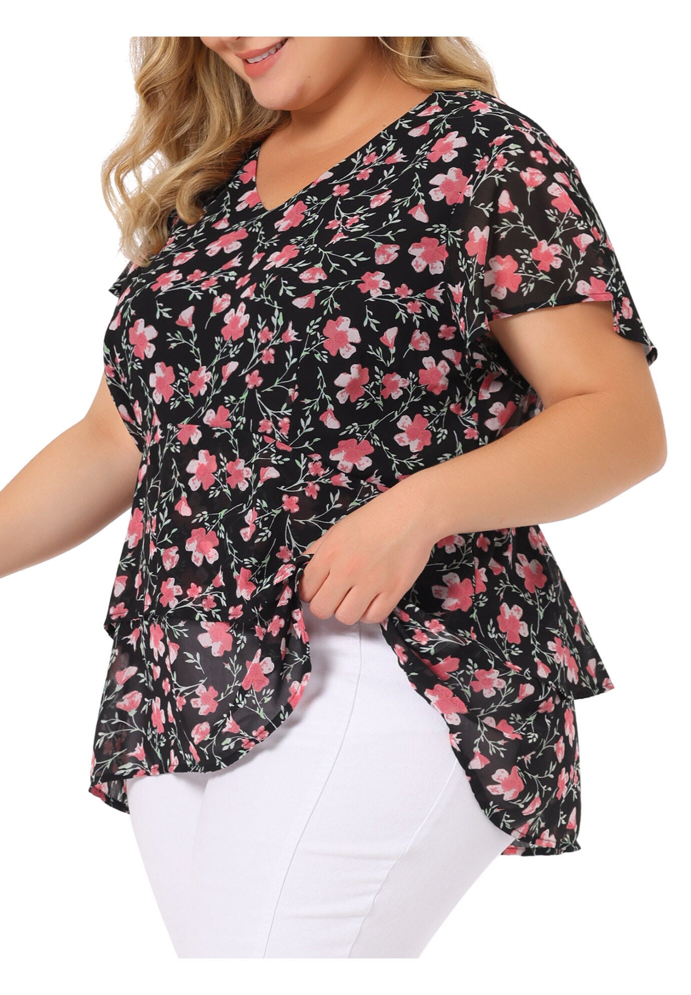 Short Sleeve Layered Casual Floral Blouse Summer Top, Black / Black, alternate image number 1