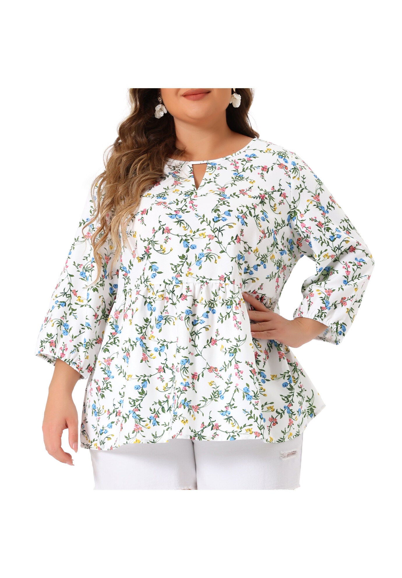 3/4 Sleeves Babydoll Chiffon Keyhole Floral Flowy Top Blouse, White / White, alternate image number 1