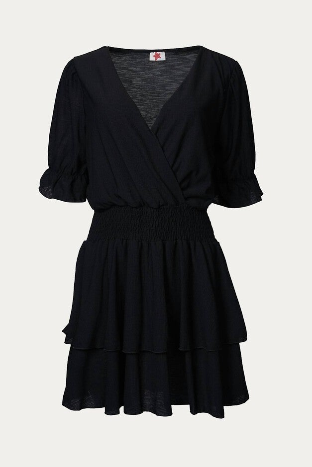 SMOCKED SURPLICE WOVEN MINI DRESS IN BLACK, Black / Black, alternate image number 1