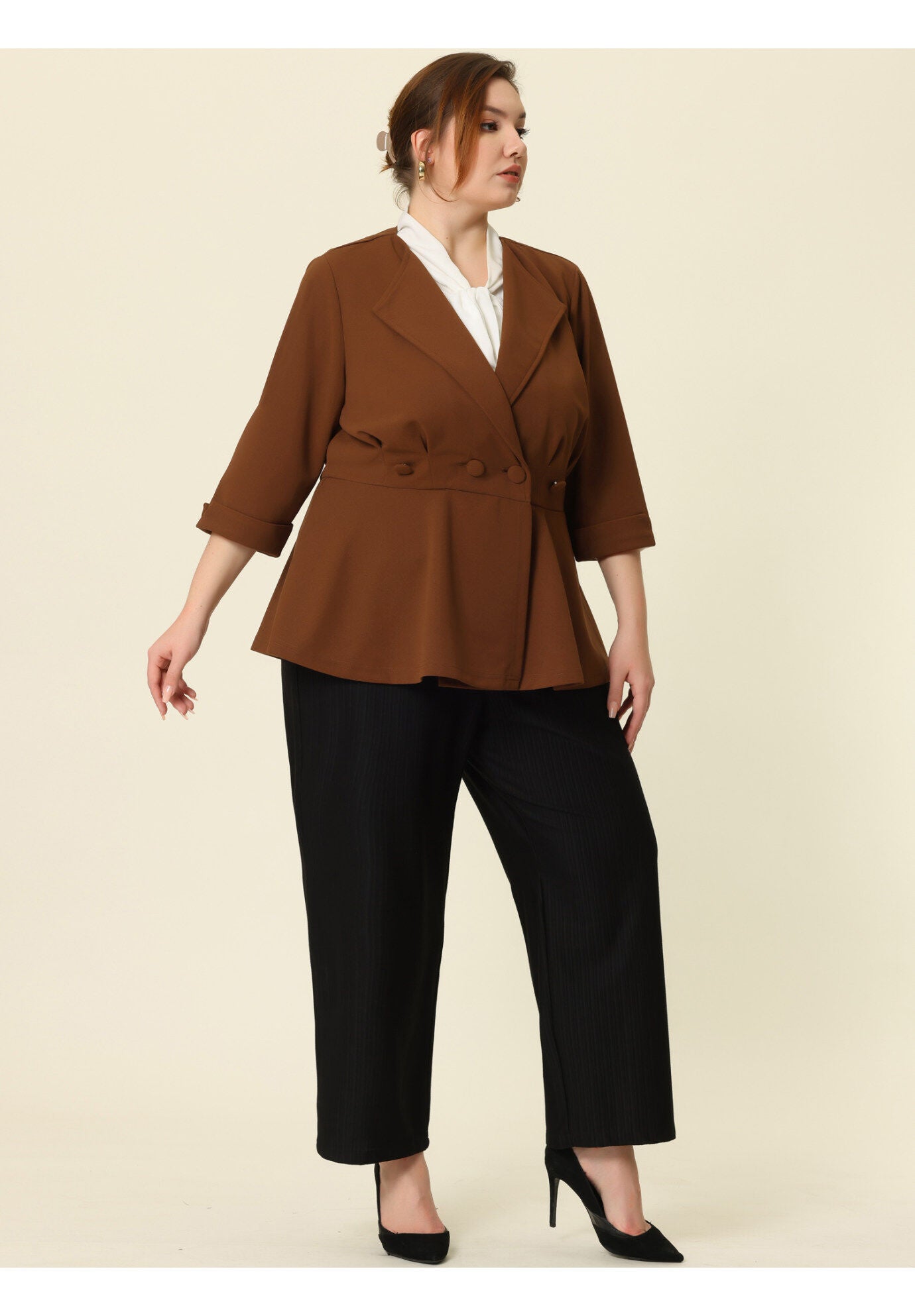 NOTCHED LAPEL PEPLUM JACKET SUIT BLAZER, Brown / Brown, hi-res image number 0