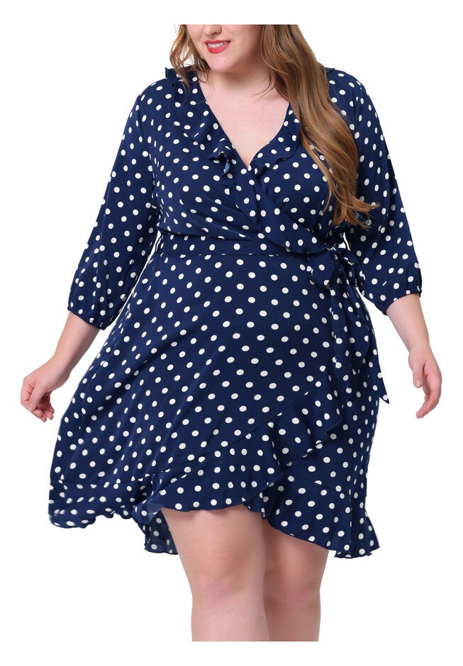 Polka Dots Elegant V Neck 3/4 Sleeve Ruffle Midi Dress, Navy Blue / Navy, alternate image number null