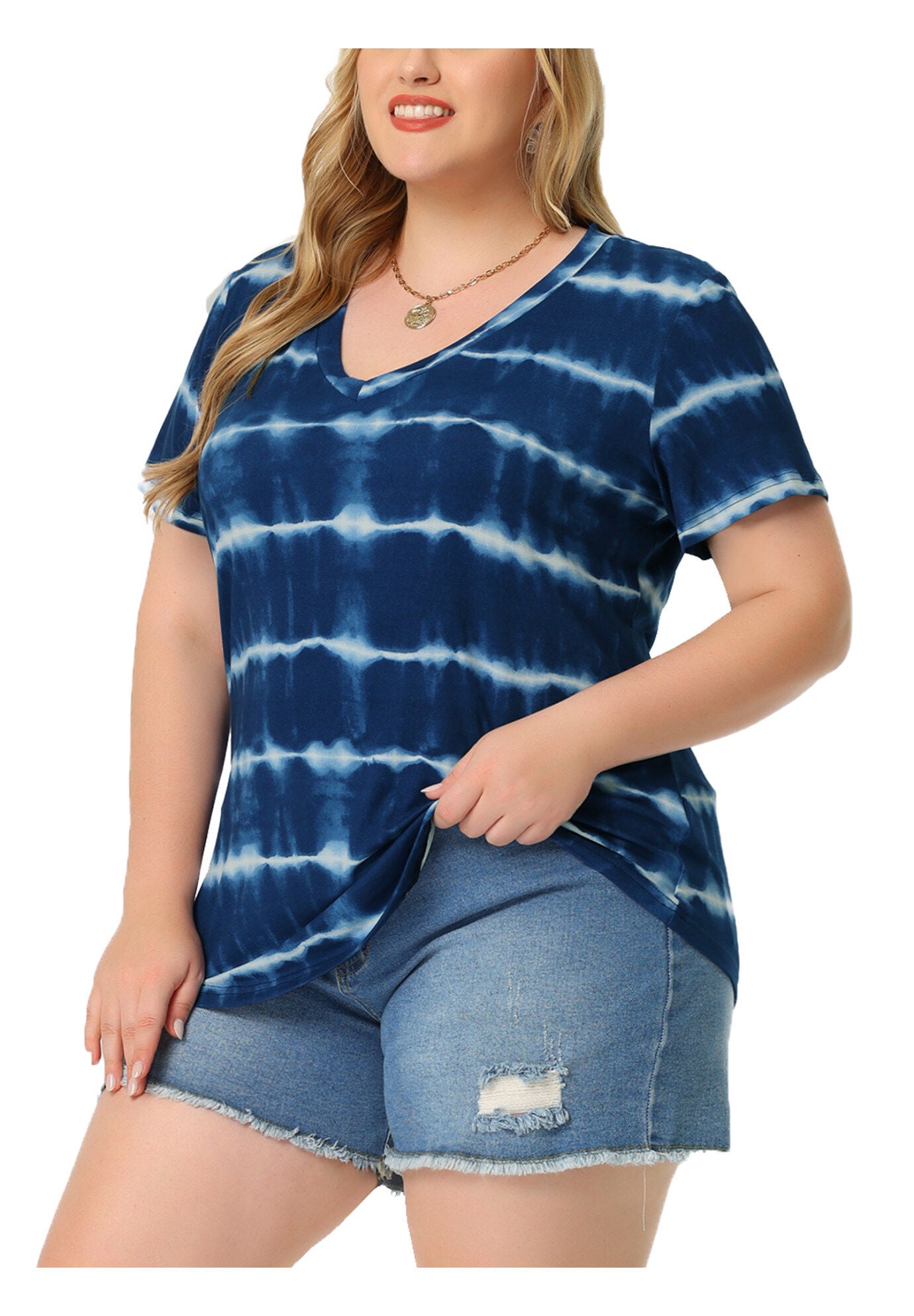 V Neck Short Sleeve Tie Dye Summer Top, Blue / Navy, alternate image number 1