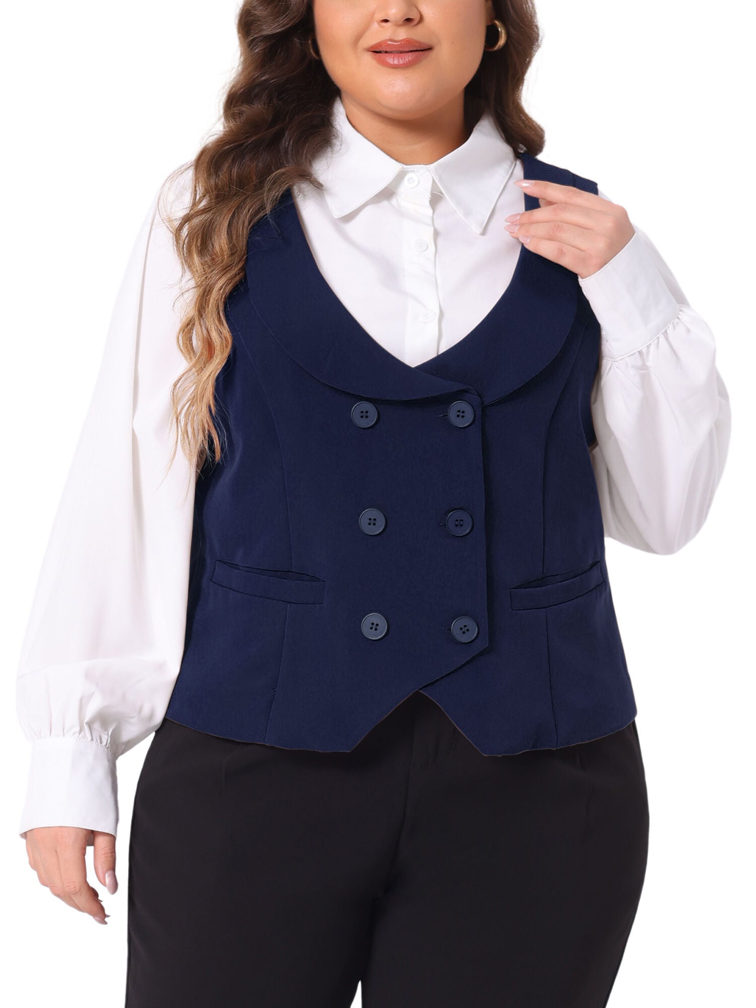 DOUBLE BREASTED LAPEL COLLAR DRESSY WAISTCOAT SUIT VEST, Navy Blue / Navy, alternate image number 2