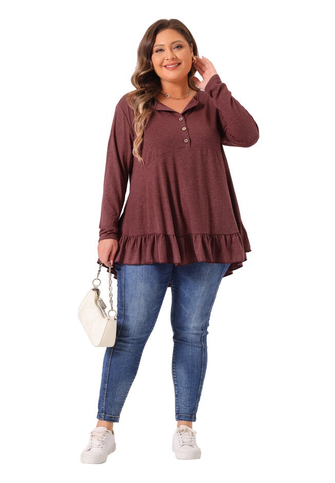 Henley V Neck Ruffled Hem Flowy Blouse Tunic, Burgundy / Red, hi-res image number 0