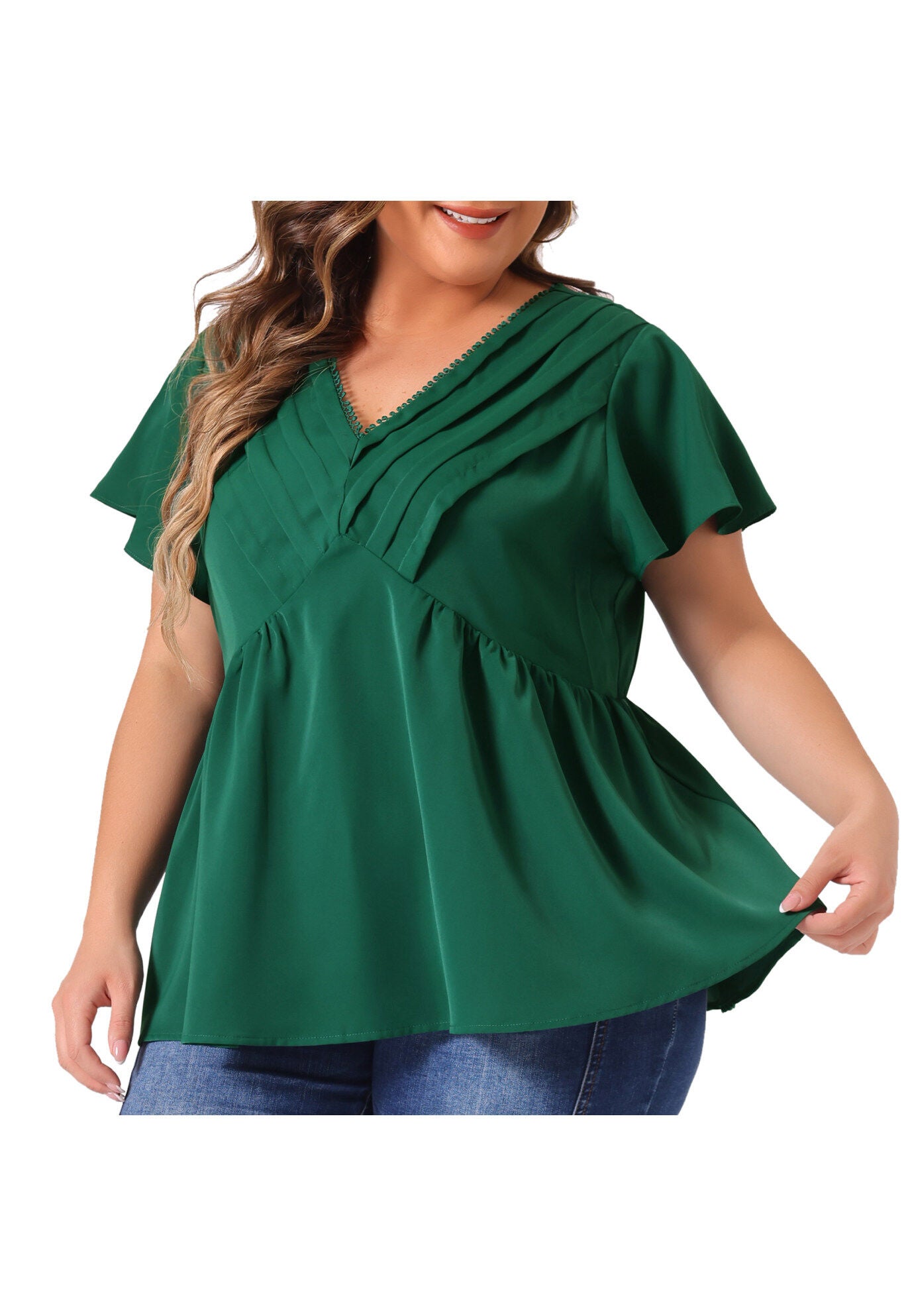 V NECK FLARE SLEEVE RUFFLE PEPLUM WRAP BLOUSE TOP, Dark Green / Forest Green, alternate image number 1