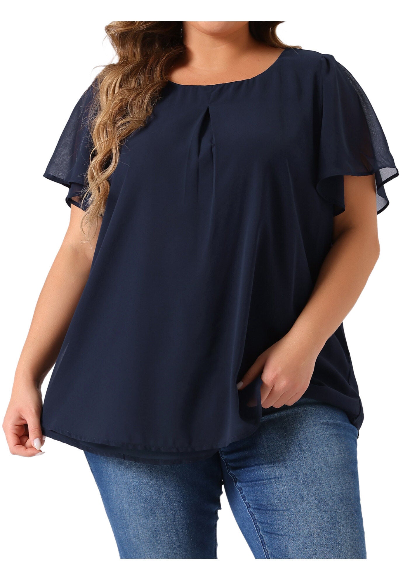 Ruffle Short Sleeve Double-Layered Chiffon Blouse, Navy Blue / Navy, alternate image number 1