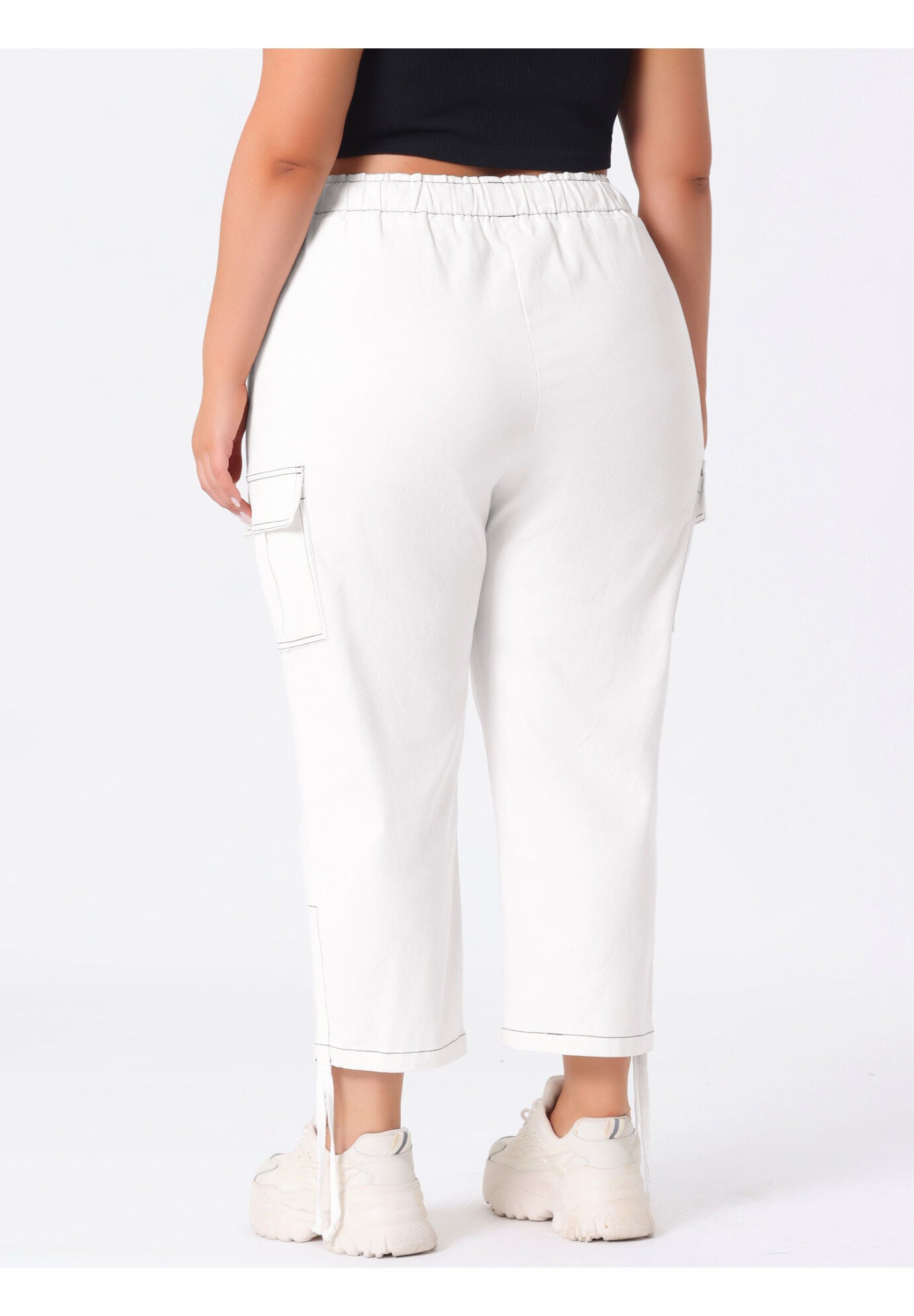 DRAWSTRING ELASTIC WAIST CARGO PANTS, White / White, alternate image number 3