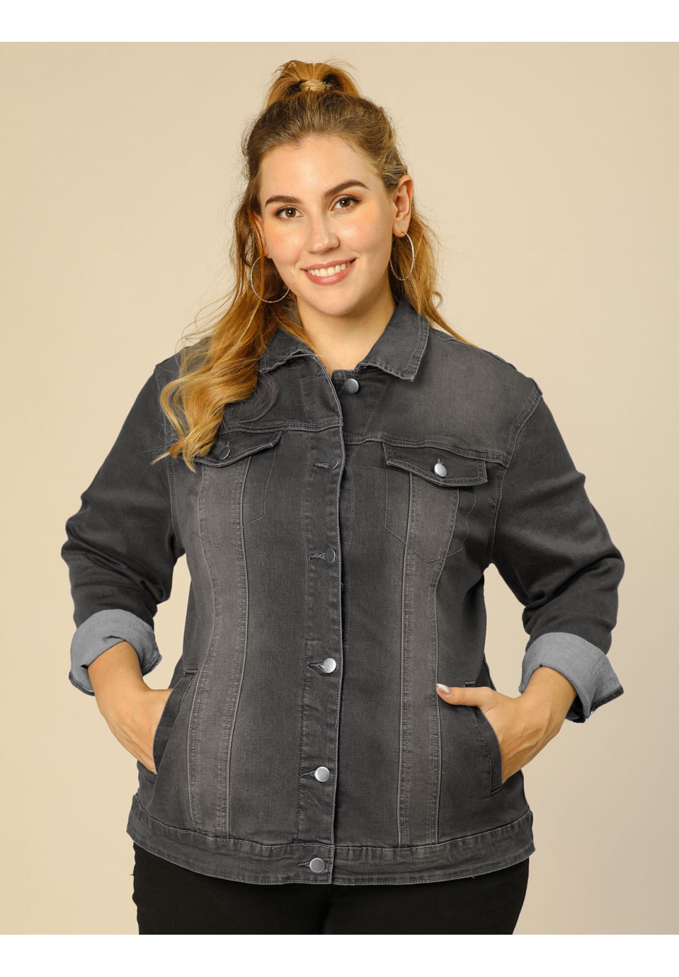 STITCHING BUTTON FRONT WASHED DENIM JACKET, Grey / Charcoal Grey, alternate image number 1