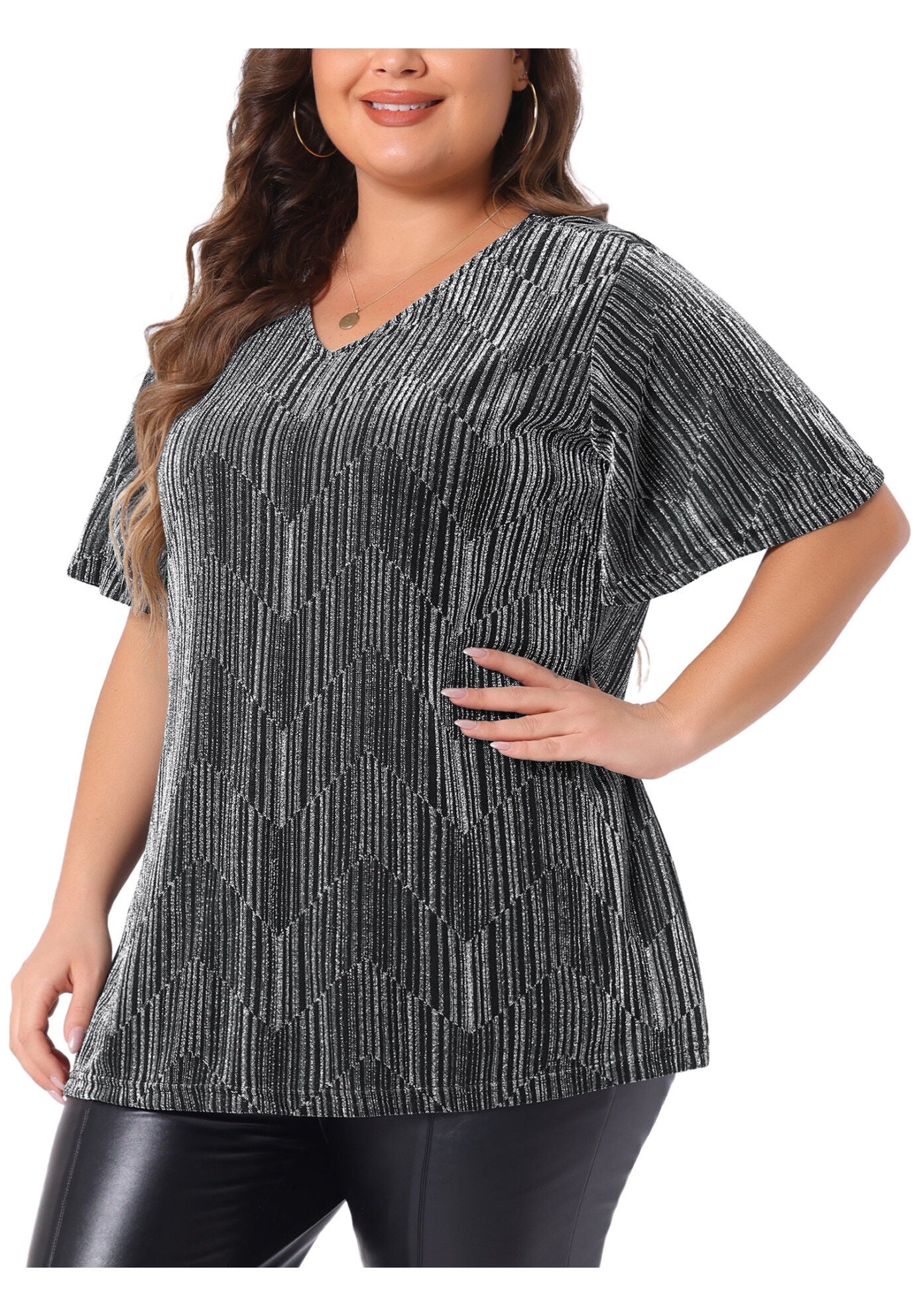 V Neck Metallic Short Sleeve Party Blouse Tee Top, Silver / Silver, alternate image number 1