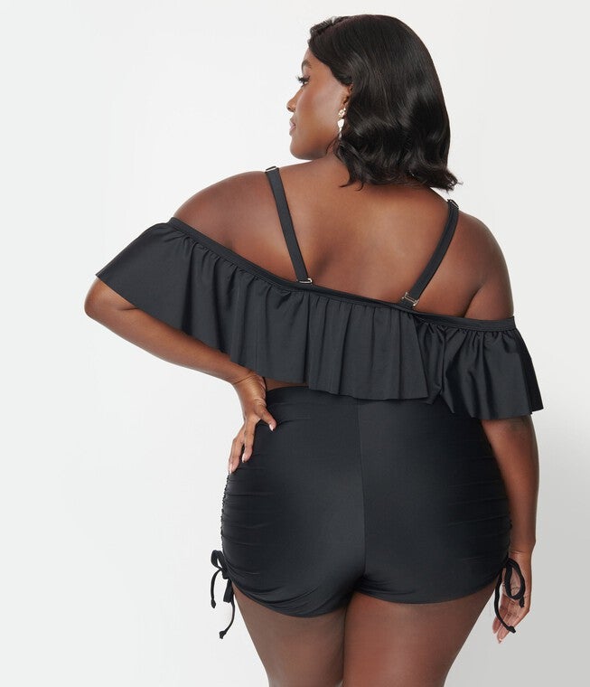 Unique Vintage Black Pull Tie Swim Shorts, Black / Black, alternate image number 3