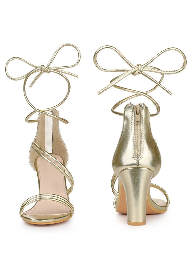 Open Toe Strappy Lace Up Chunky Heel Sandals, Gold / Gold, alternate image number 1