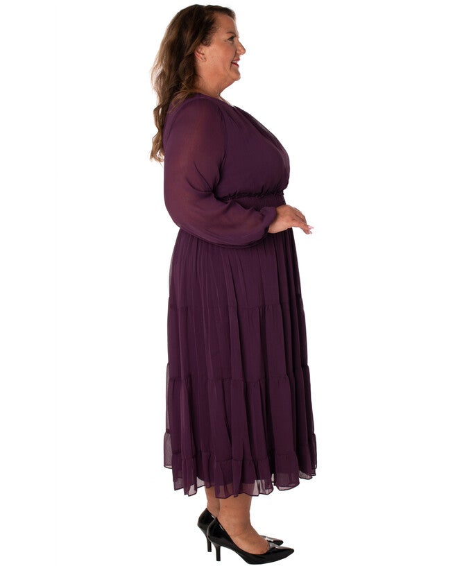 SOILD YORYU CHIFFON FULLY LINED DRESS WITH SMOCKING, PURPL / Burgundy, alternate image number 2