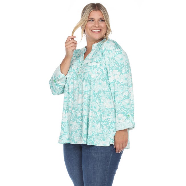 Pleated Long Sleeve Floral Print Blouse, Mint / Mint, alternate image number 4