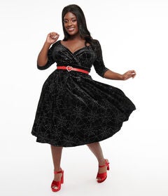 1950s Black Velvet & Silver Spiderweb Marceline Swing Dress