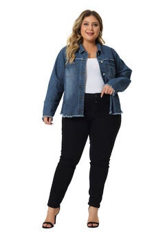 FRAYED HEM CLASSIC WASHED DENIM JEAN JACKET
